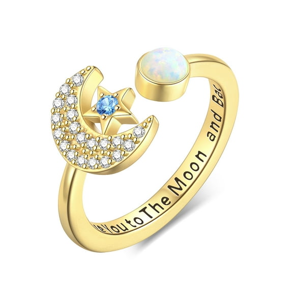 Beautlace Star and Moon Adjustable Rings 925 Sterling Silver Opal Moon Open Ring Crescent Moon Statement Ring Gifts for Women