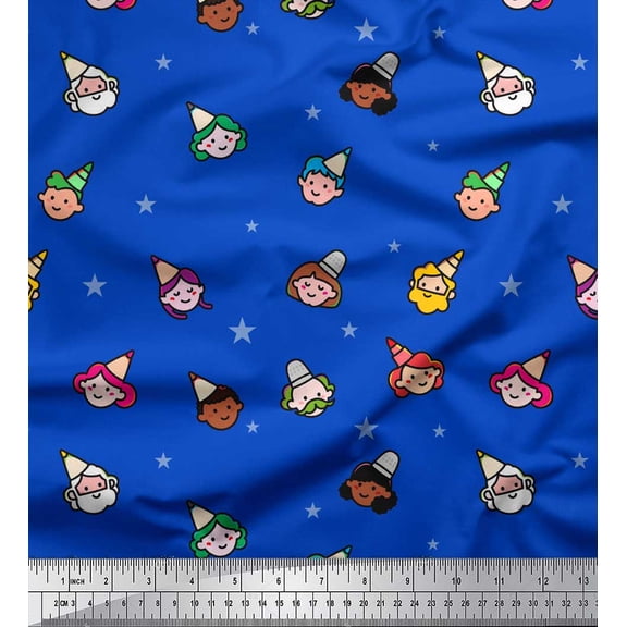 Soimoi Blue Velvet Fabric Star & Human Face Printed Fabric 1 Yard 58 Inch Wide