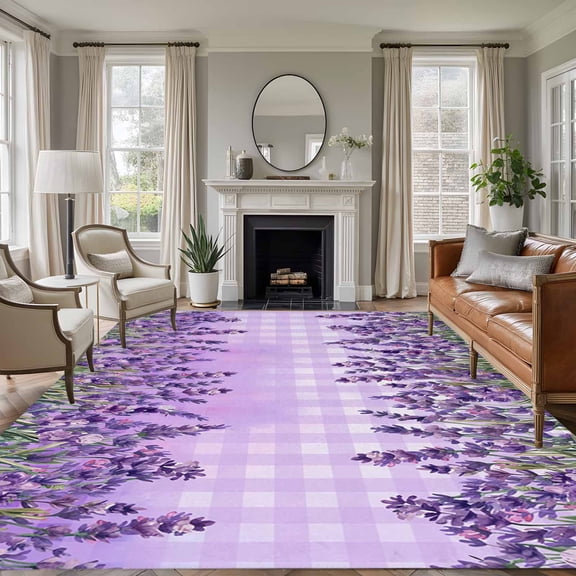 Purple Lavender Area Rugs 8'x10', Washable Small Throw Rugs for Living Room Patio, Spring Watercolor Wildflowers Plant Plaid Indoor Outdoor Rug Non-Slip Low Pile Carpet Runner Reversible Floor Mats