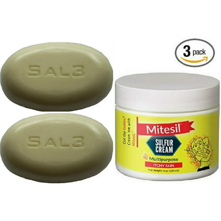 Mite 3 Pack - Mitesil Sulfur Cream + 2 Bars SAL3 soap, 10% Sulfur, 3% Salicylic (Best Bar Soap For Acne)
