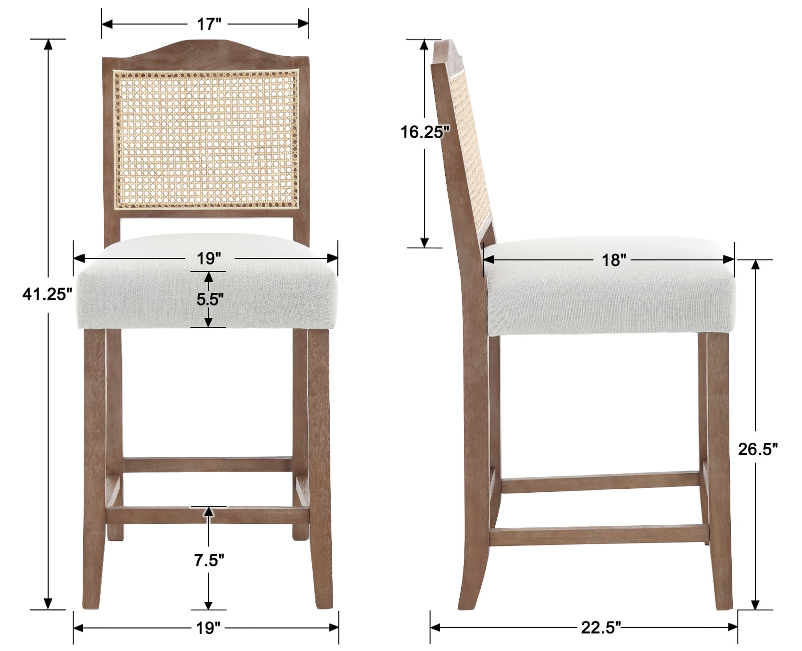 Dayalane Counter Height Bar Stools Set of 2, 26" Farmhouse Wooden Barstools with Rattan Back, Mid Century Modern Linen Upholstered Breakfast Bar Stool Chairs for Bar Kitchen Island Bistro, Beige