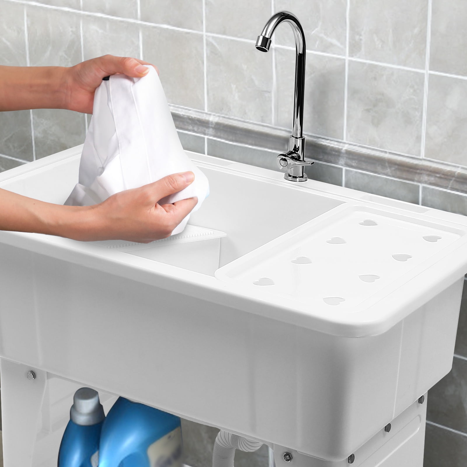 Freestanding Plastic Laundry Sink with Washboard PP 29.06gal Indoor and Outdoor Utility Sink Laundry Tub for Laundry Room Bathrooms Utility Rooms Garages 32.28*22.44*9.84in