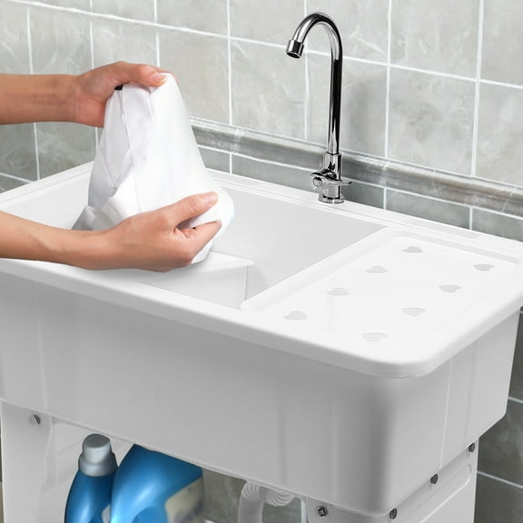 32" Freestanding Laundry Sink with 360° Rotatable Faucet, Drain Board, and Washboard, Ergonomic, Stable, Easy Installation for Laundry Room, Garage, or Utility Room