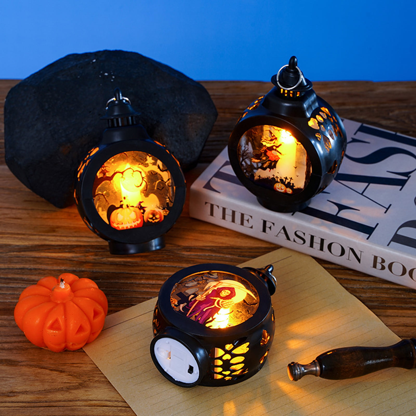 LLQ 8 Pcs Mini Lantern with Flickering LED Tea Light, Battery Included,  Vintage Brown Lanterns Decorative, Hanging Candle Lanterns for Halloween