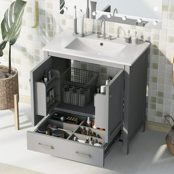 Caulitar 30" Gray Bathroom Vanity with Single Sink, Bathroom Storage Cabinet with 2 Doors and a Drawer, Combo Cabinet Undermount Sink, Multi-functional Storage, Solid Wood Frame