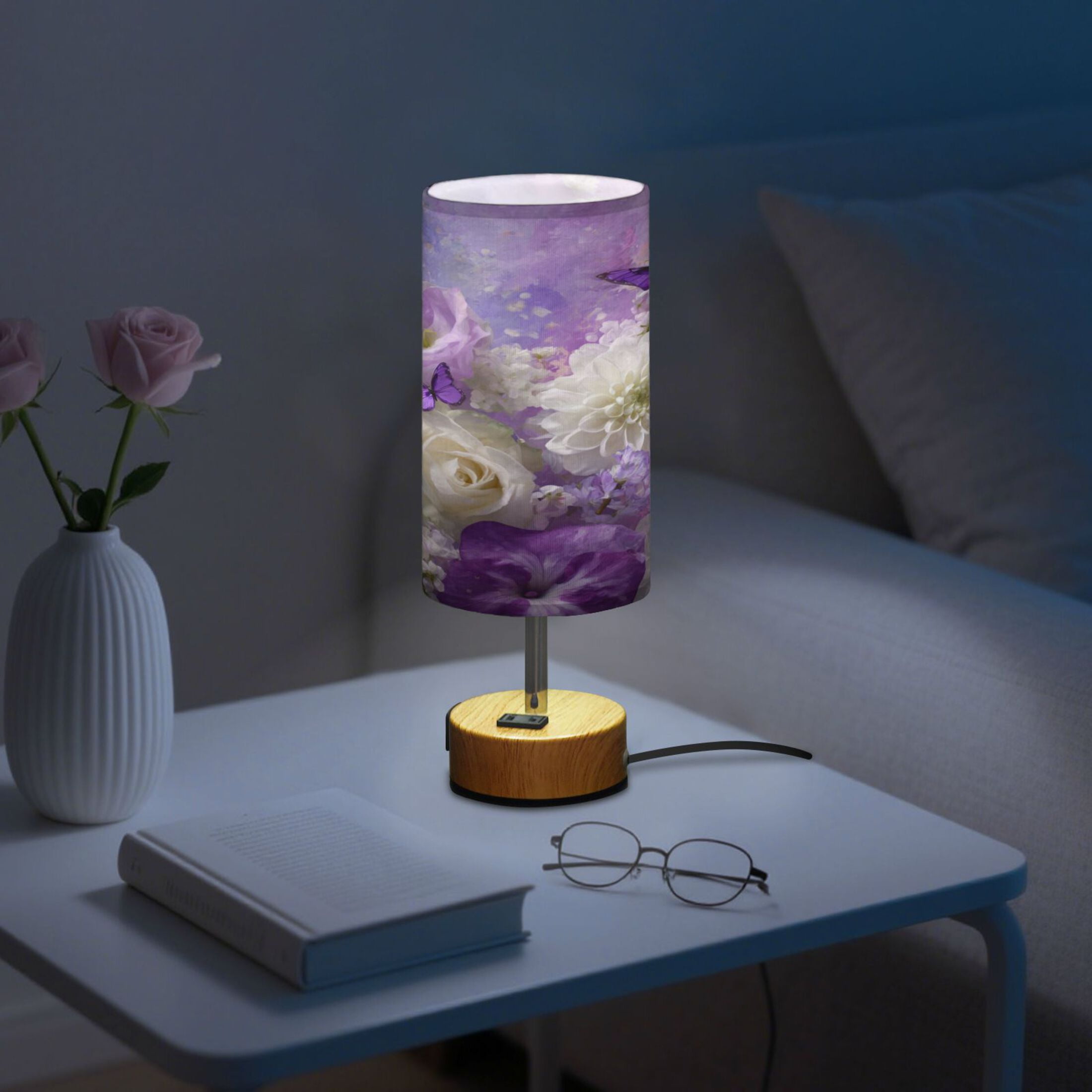 Wobogo Purple Butterfly Floral Bedside Lamp Touch Control Table Lamp with USB A+C Charging Ports & AC Outlet 3-Way Dimmable Nightstand Lamp with Linen Fabric Shade for Bedroom Living Room