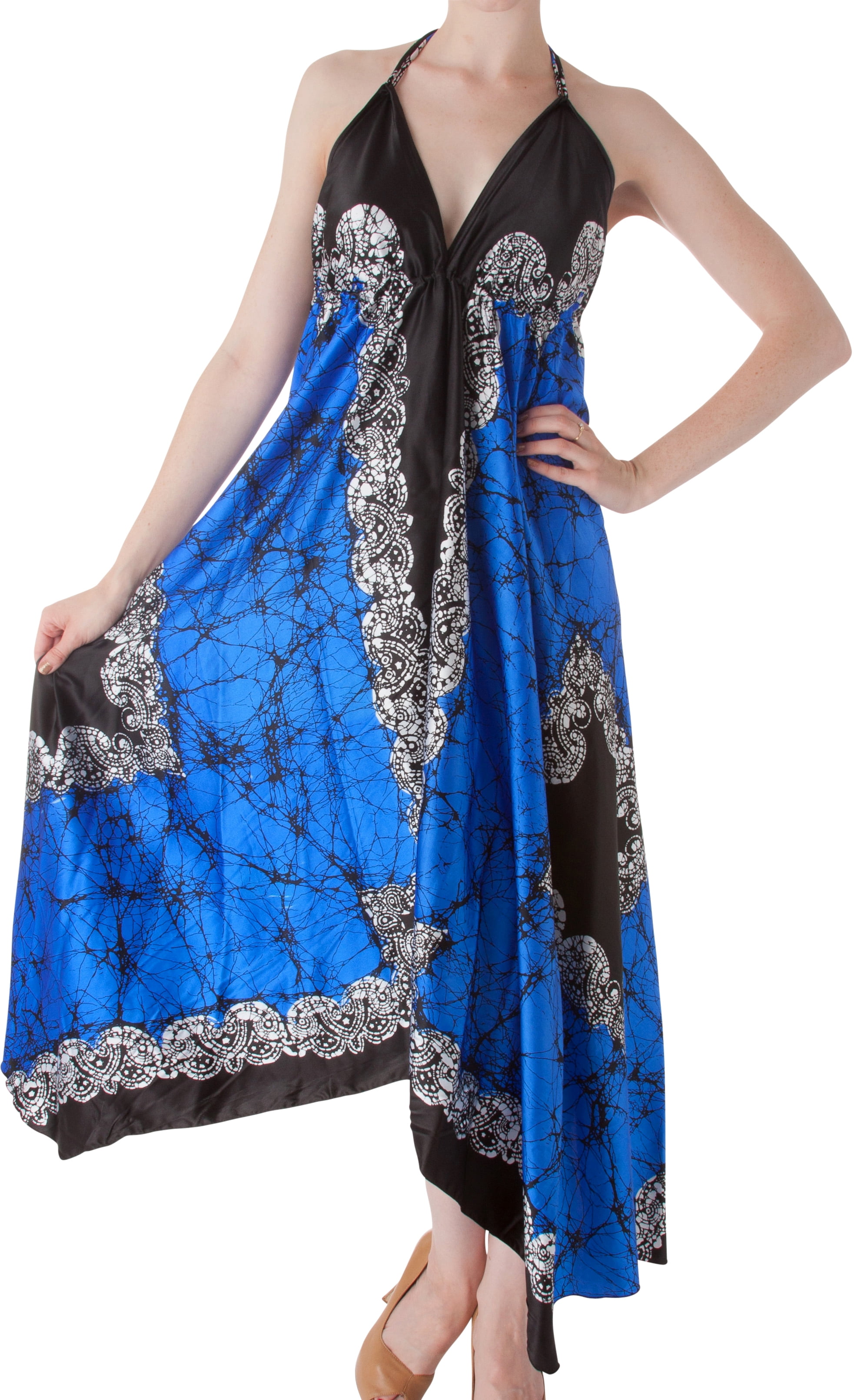Sakkas Veins Print Satin VNeck Halter Handkerchief Hem Dress Royal Blue One Size