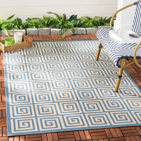 SAFAVIEH Beach House Johan Geometric Indoor/Outdoor Area Rug, Cream/Blue, 5'3" x 7'6"