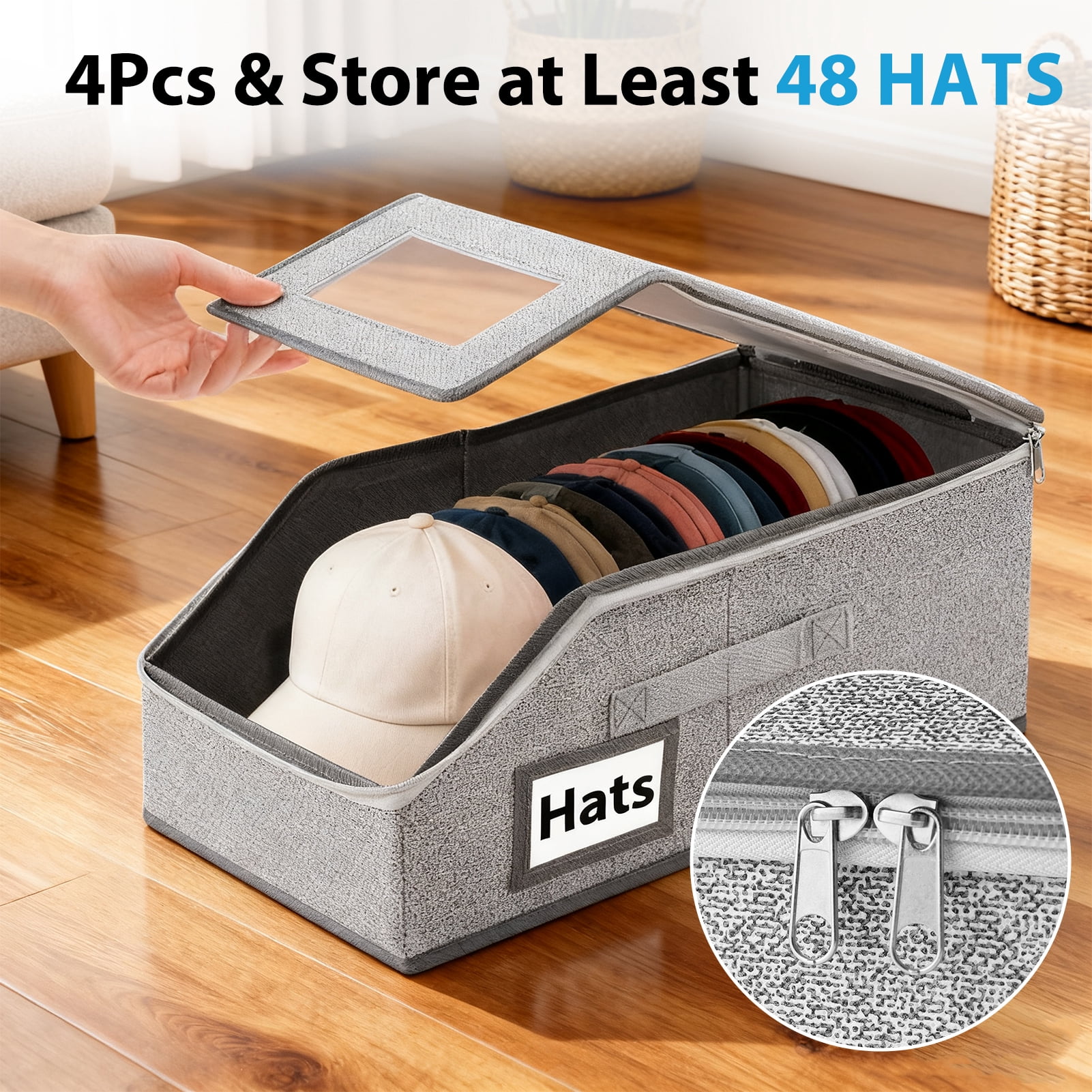 Lumikrypt 4 Pcs Stackable Hat Storage for Baseball Caps, Hat Organizer with Clear Window Lid, Holds up to 24 Caps Hat Organizer for Closet with Cardboard, Breathable Fabric(Grey)