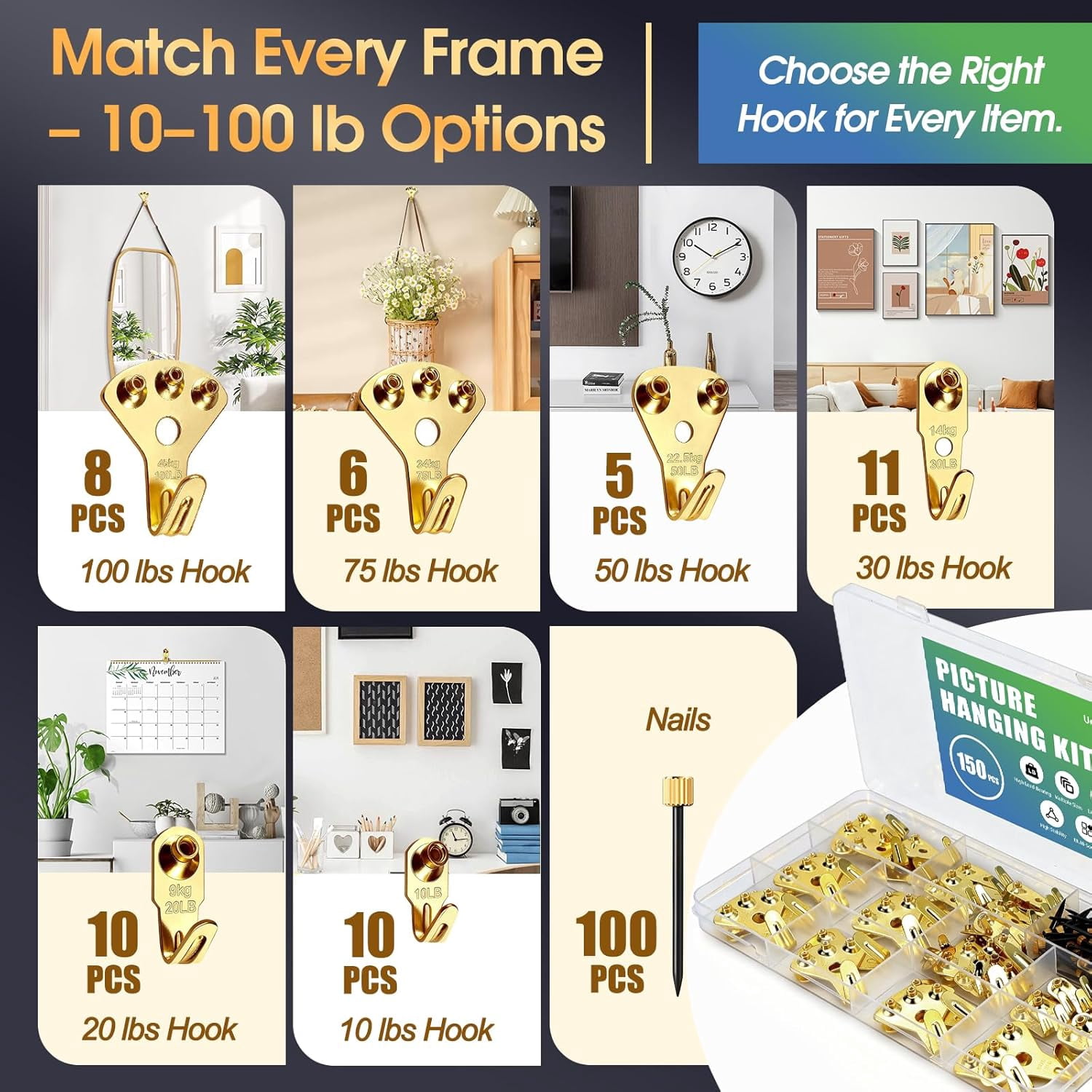 Heavy Duty Picture Hangers Kit, Wall Hanging Hooks with Nails for Drywall & Wood, for Pictures, Clocks, Mirrors, and Home Decor