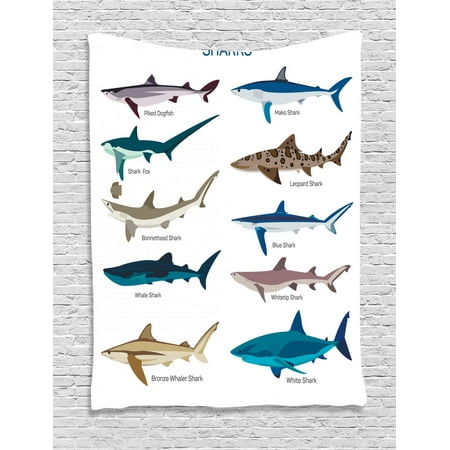 Breeze Tapestry - Shark Tapestry, Types of Sharks Bronze Whaler Piked Dogfish Whlae Shark Maritime Design Nautical, Wall Hanging for Bedroom Living Room Dorm Decor, Multicolor, by Ambesonne