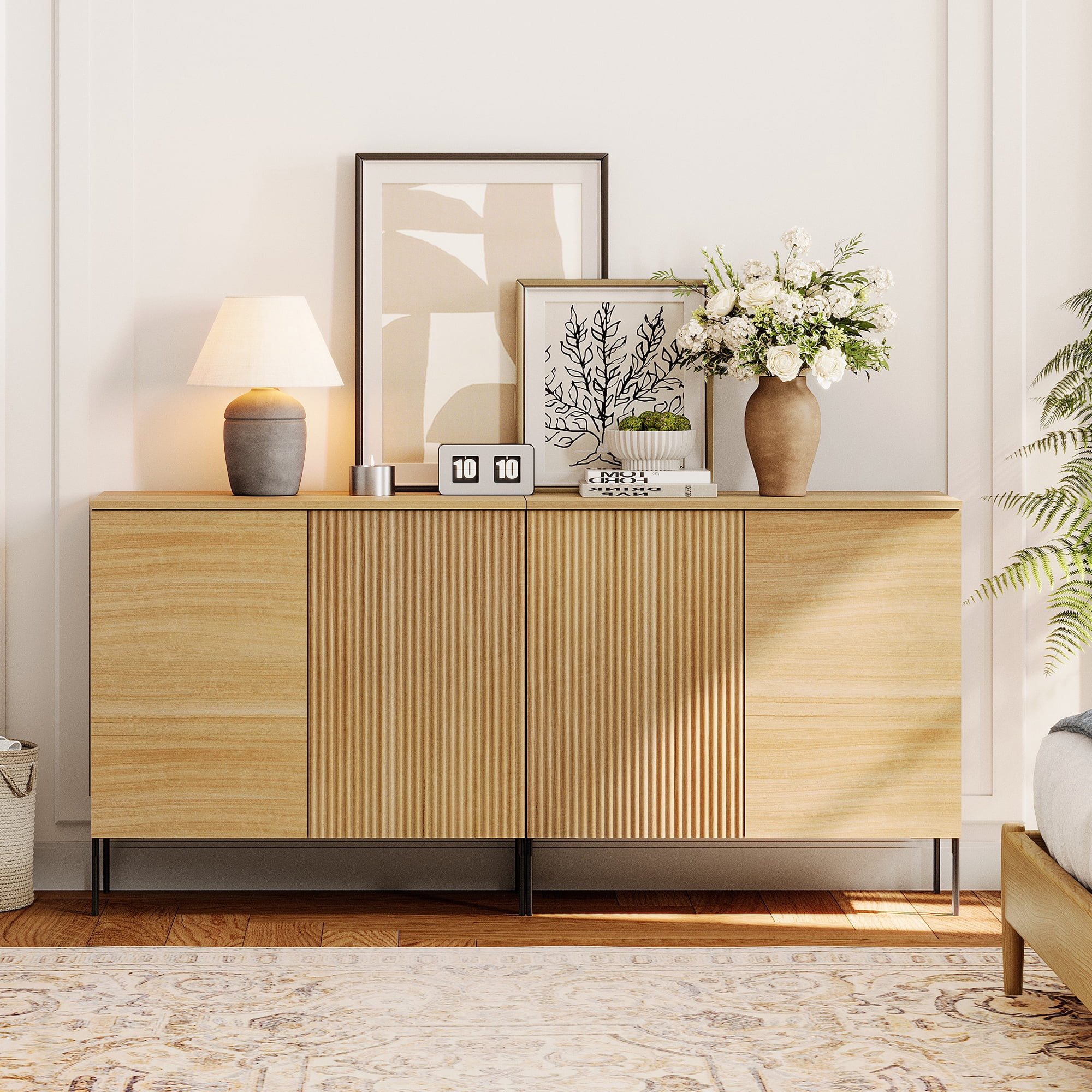 4 Pcs Bedroom Set，Reeded Dresser and Nightstand Sets for Bedroom, Wooden Dresser Set with Adjustable Shelves, Night Stand of 2 with Charging Station