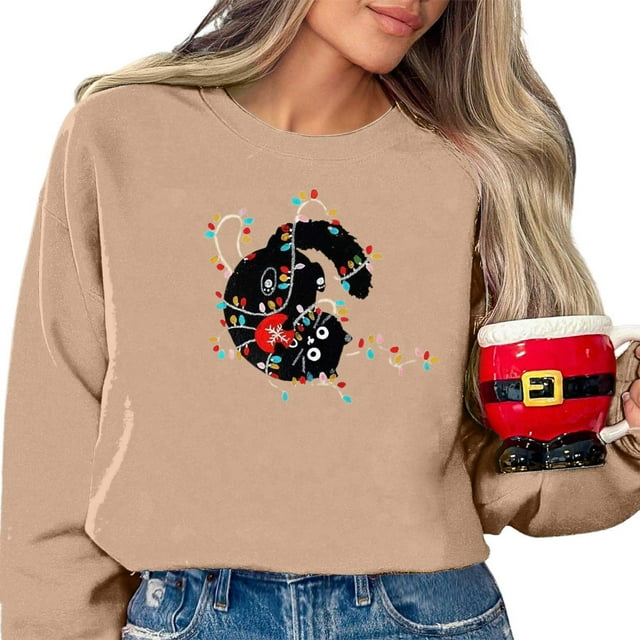 WEAIXIMIUNG Chandails en Molleton Personnalisés Design pour Femmes Mignon Imprimé de Noël Chandail à Capuchon Décontracté Manches Longues Col Rond Chandail pour Vacances