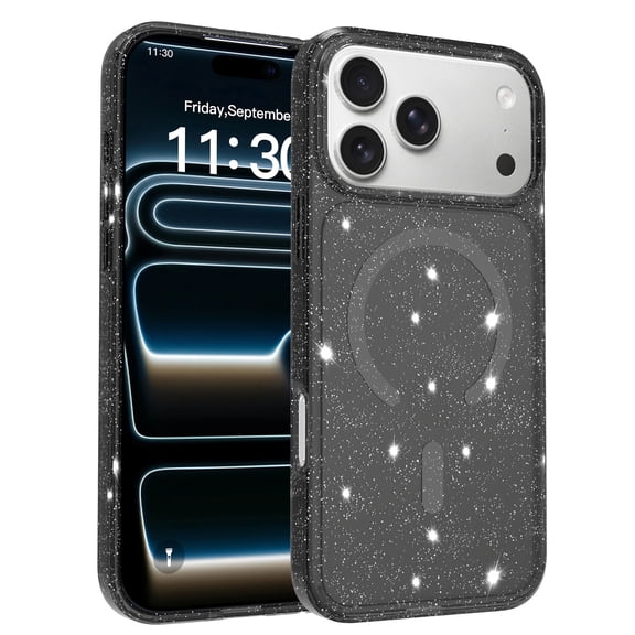 for iPhone 17 Pro Case Clear Glitter Compatible with MagSafe, Sparkly Bling Transparent Slim Thin Magnetic Cute Girly Aesthetic Shiny Sparkle TPU PC Phone Cover for Women Girls, Black