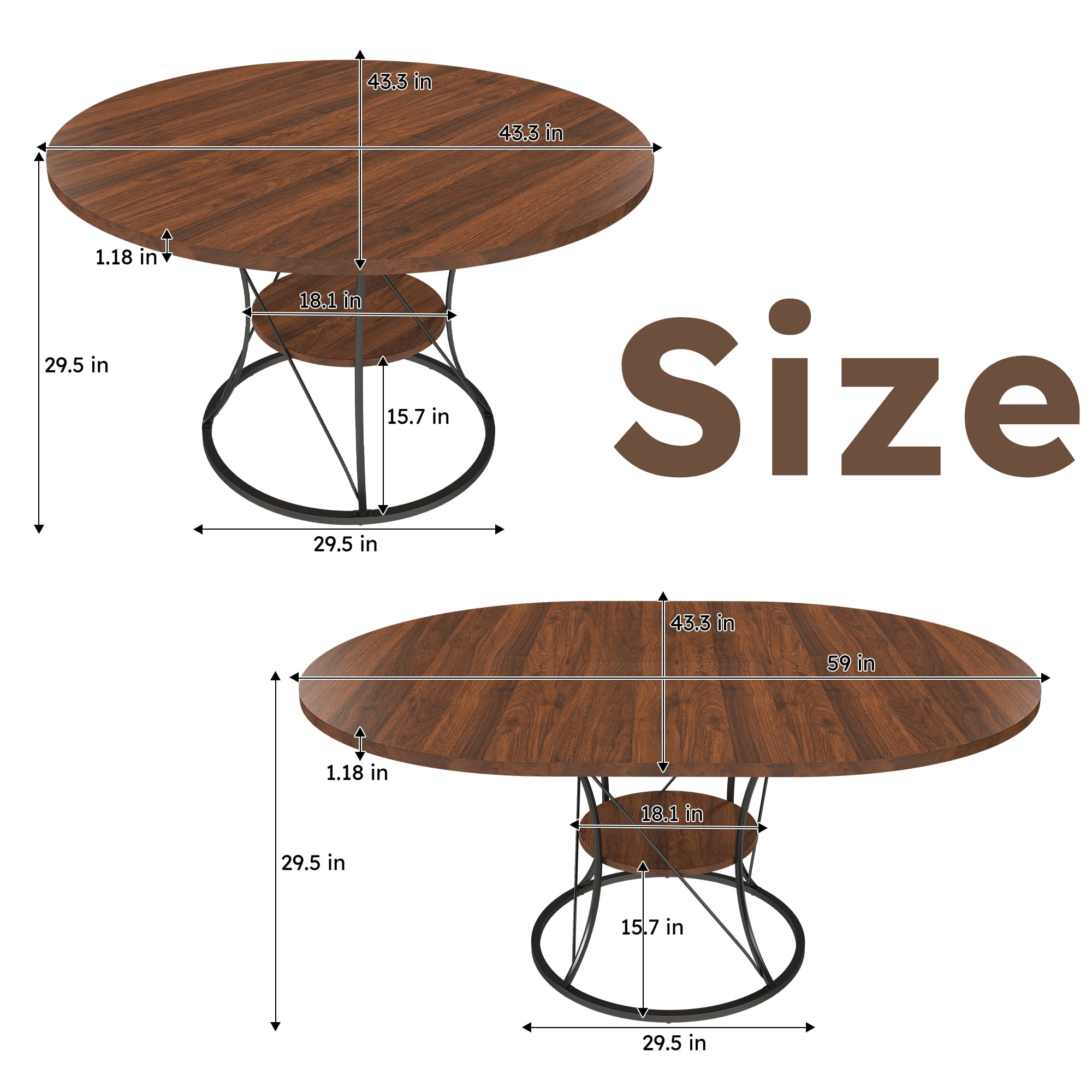 Alvantor Extendable Round Dining Table for 4-6 People, Modern Wood Farmhouse Table with Storage Shelf & Metal Base Perfect for Small Space Walnut