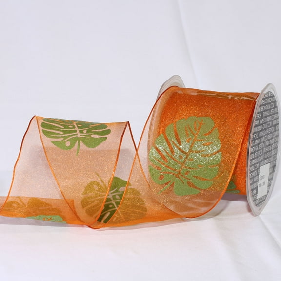 The Ribbon People Orange and Green Leaf Print Wired Craft Ribbon 2.75" x 22 Yards