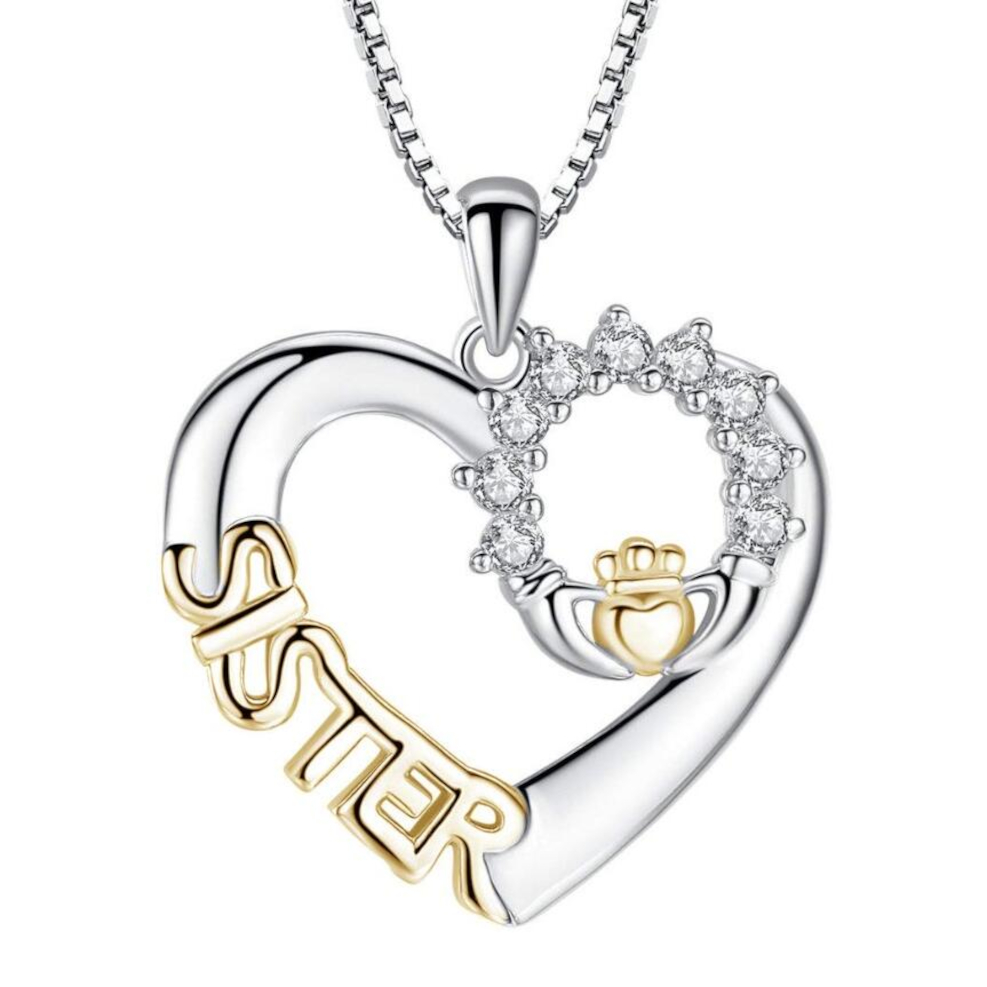 Sister Necklace Heart Crystal Pendant Gold and Silver Plated Anti-Tarnish Necklace Jewelry-18-B