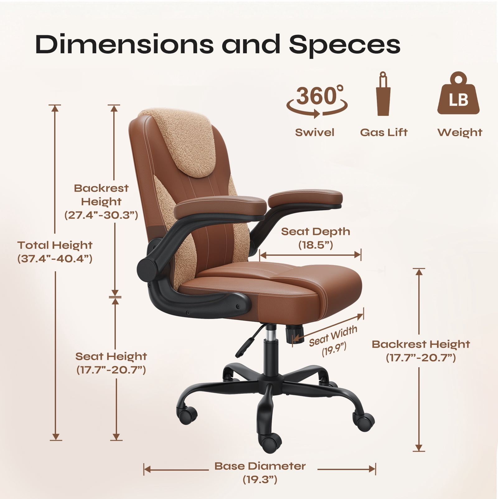 Pinmoco Ergonomic PU Leather Office Chair, High Back Executive Computer Desk Chair with Double-Layer Cushion, Swivel Gaming Chair with Wheels and Flip-Up Armrests, Brown
