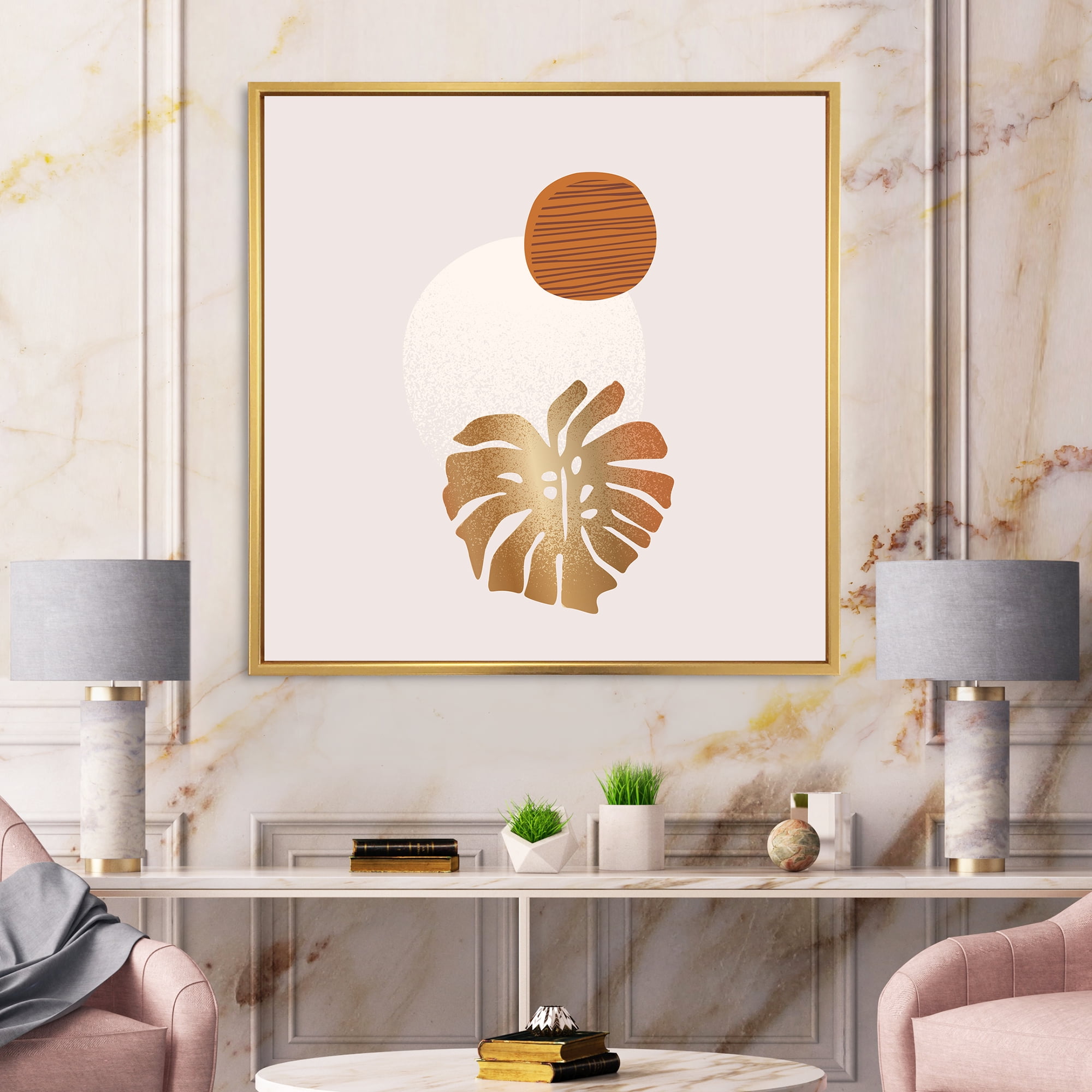 Designart 'Abstract Geometry Shapes and Tropical Palm Leaf II' Modern Framed Canvas Wall Art Print