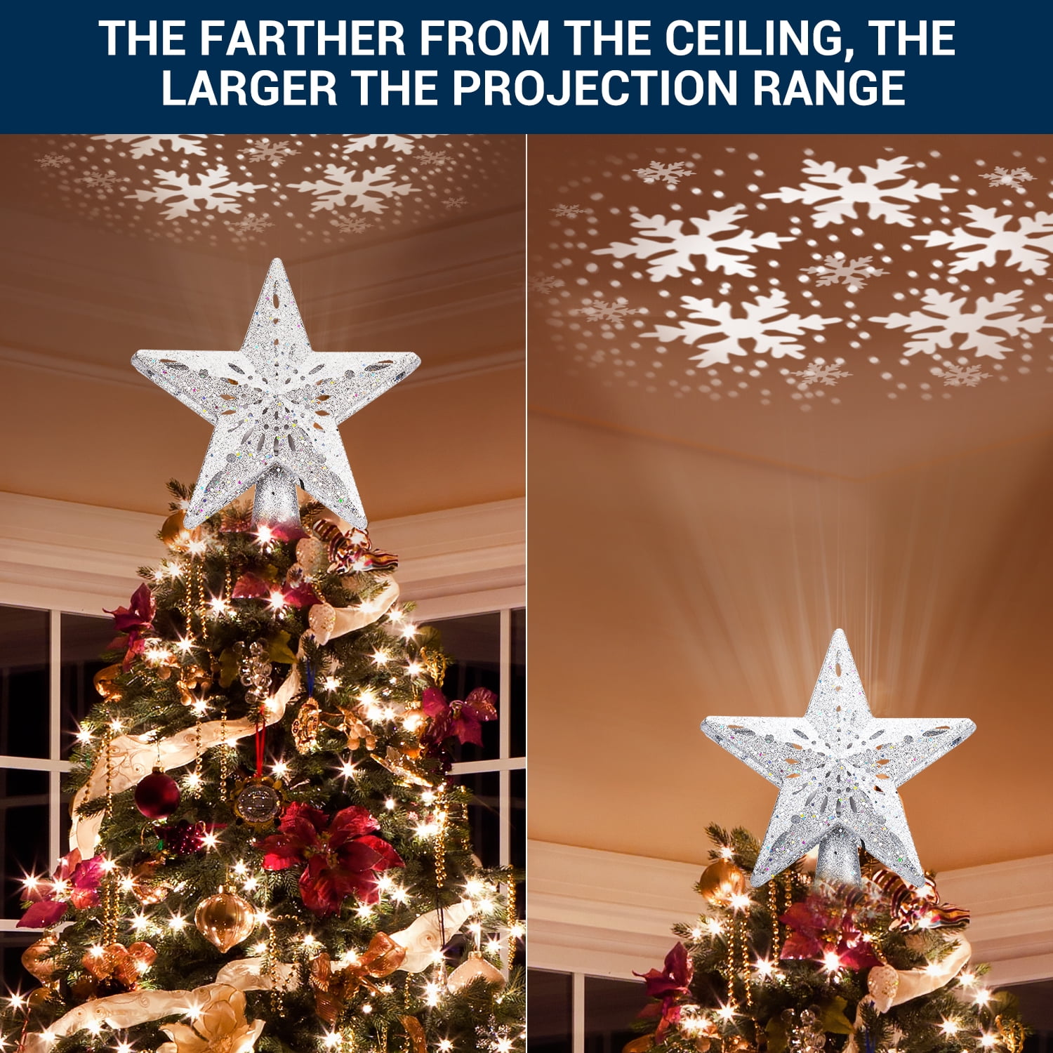 ZOELNIC Christmas Tree Topper Lighted Star, 3D Hollow Sparkling