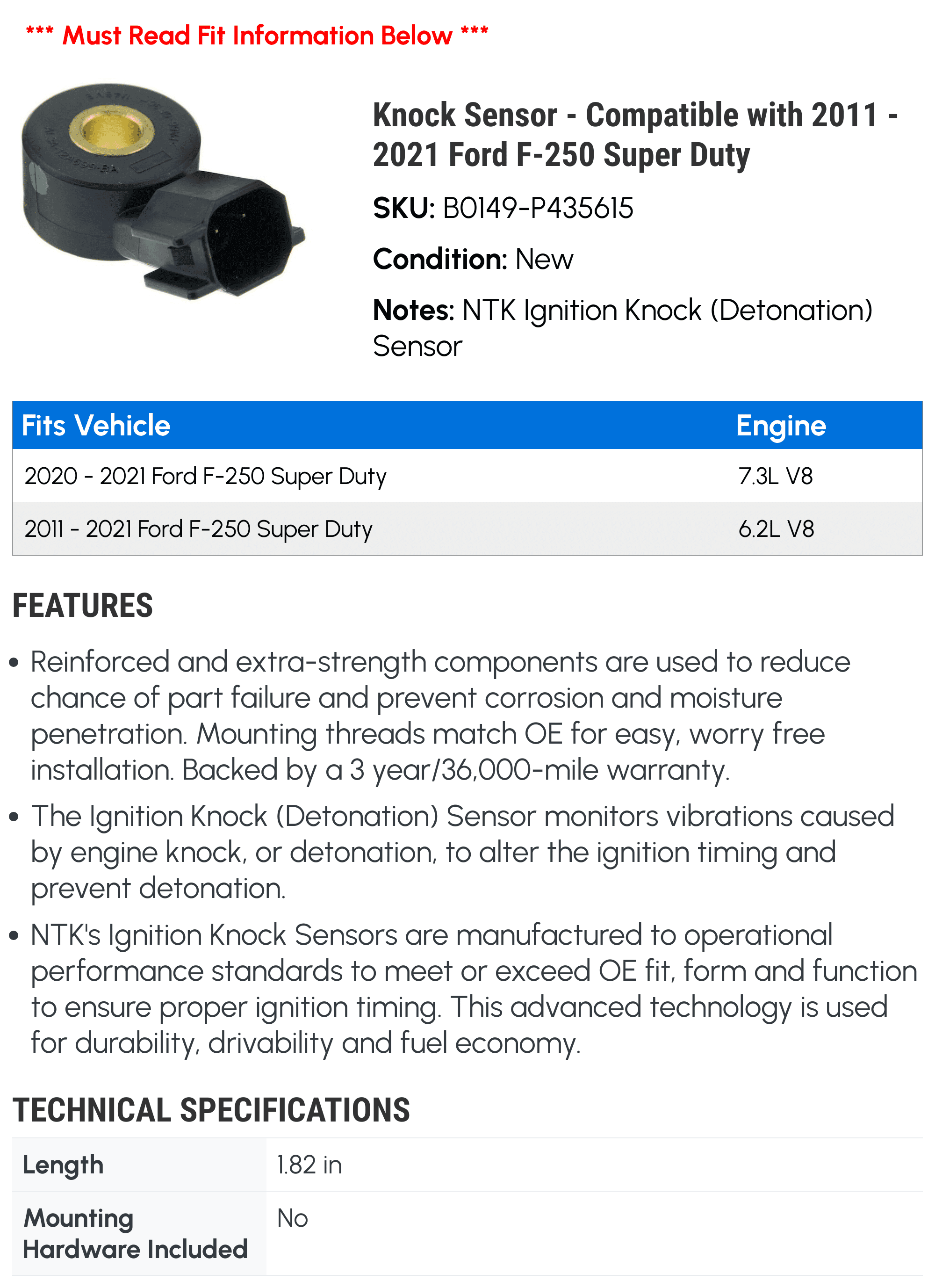 Knock Sensor - Compatible with 2011 - 2021 Ford F-250 Super Duty 2012 2013 2014 2015 2016 2017 2018 2019 2020
