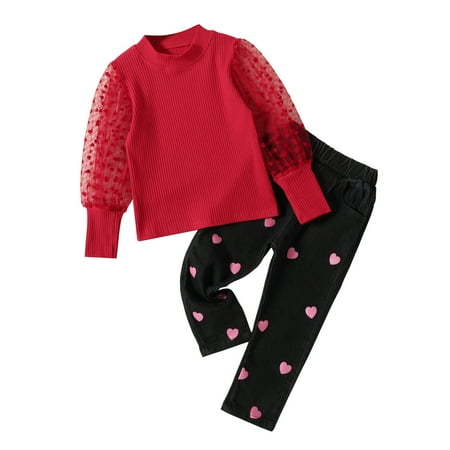 

Kids Outfits Long Tulle Sleeve Puff Sleeve Ribbed Jeans Long Pants 2Pcs Kids Outfits Sets