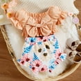 thumbnail image 2 of Odeerbi Baby Boy Girl Clothes Toddler Outfit Fashion Cute Flowers Print Bow Puff Sleeves Pleated Top Shorts Suit Orange, 2 of 9