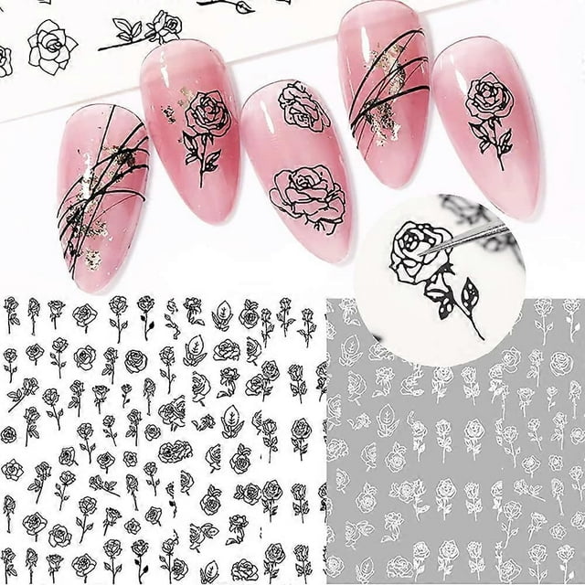 Calcomanías de flores para uñas, pegatinas autoadhesivas 3D de rosas blancas y negras para uñas, diseño de flores huecas francesas, manicura DIY, decoración de uñas acrílicas