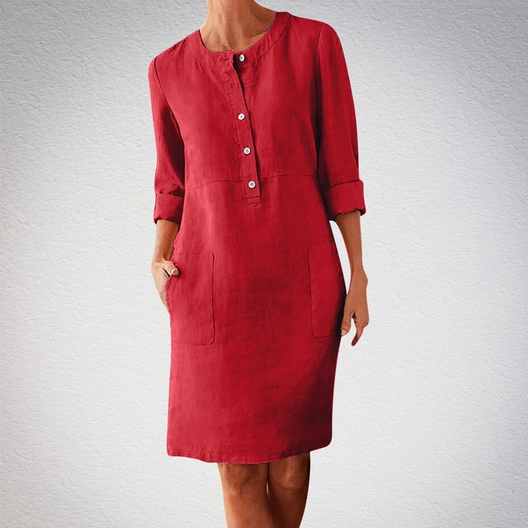 Meichang Linen Mini Dresses for Women Casual Long Sleeve Half Button Crew  Neck Fall Dress Solid Lightweight Work Dresses Plus Size - Walmart.com
