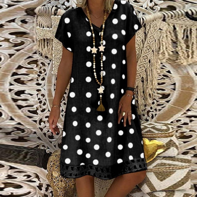 Vestido De Las Señoras Vestido de lunares para mujer, vestido transpirable con estampado femenino para vacaciones (negro XXXL) Cgtredaw Para estrenar
