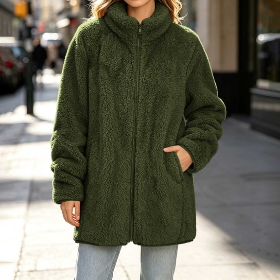 VEKDONE Sherpa Jacket for Women Stand Collar Full Zip Jackets Mid-Length Fuzzy Fleece Coat Casual Warm Thick Outerwear for Fall and Winter