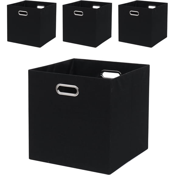 Collapsible Organization Basket Fabric Foldable Box with Handles, 13x13 Cube Storage Bins Set of 4, Thick and Heavy Duty Storage Baskets for Shelves Bedroom Livingroom,Black