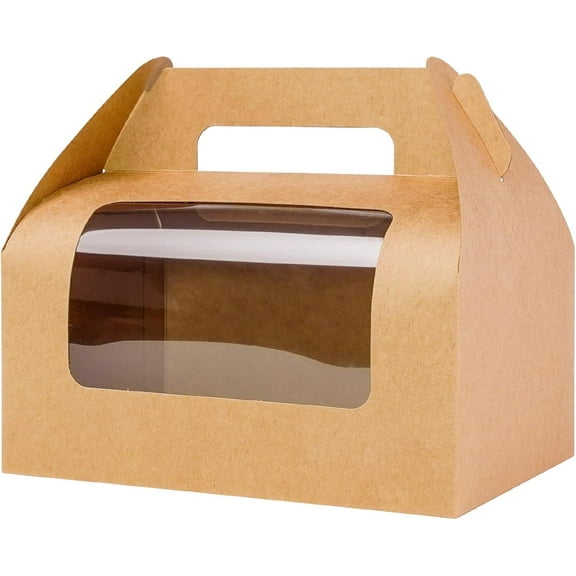 30 Pack Brown Gable Bakery Boxes with Window 9x6x6, Food-grade Cardboard, Rustic Treat Boxes for Homemade Gifts, Lunch, Donuts, Bread, Large Gift Boxes with Handles for Favors