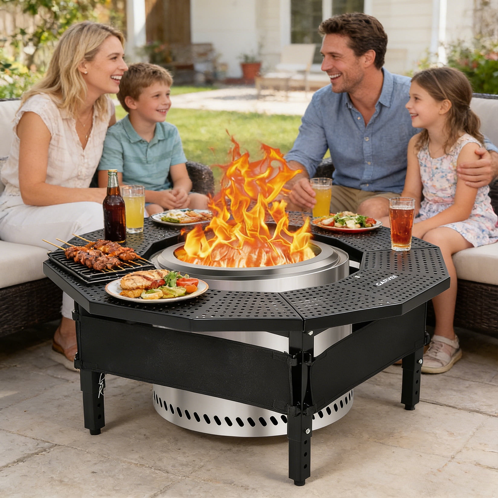 Black Fire Pit Table Surround – 360° Safety Barrier for Solo Stove, Heavy Duty Q235 Steel Campfire Table, UV-Resistant Outdoor Patio Accessory, Rustproof Metal Portable Fire Pit Stand
