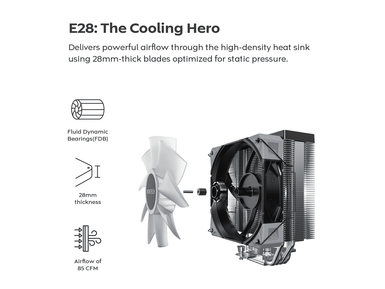MONTECH NX400 ARGB - CPU Air Cooler, Single Tower, 4 Advanced Heat Pipes, 52-fin Heat Sink, E28, 120mm FDB Static Pressure Fan, 28mm Fan Thickness, Polished Top Cover, ARGB Lightning - Black