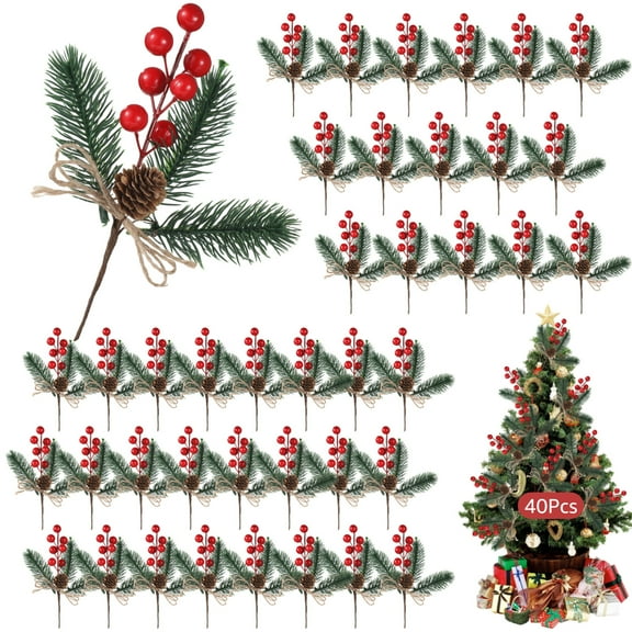 40 PCS Pine Cone Red Berry Picks, Pine Needle Branches Christmas Decorations, Releastic Pine Cones, Artificial Evergreen Branches Christmas Ornaments for Holiday Decor, Flower, DIY Wreath