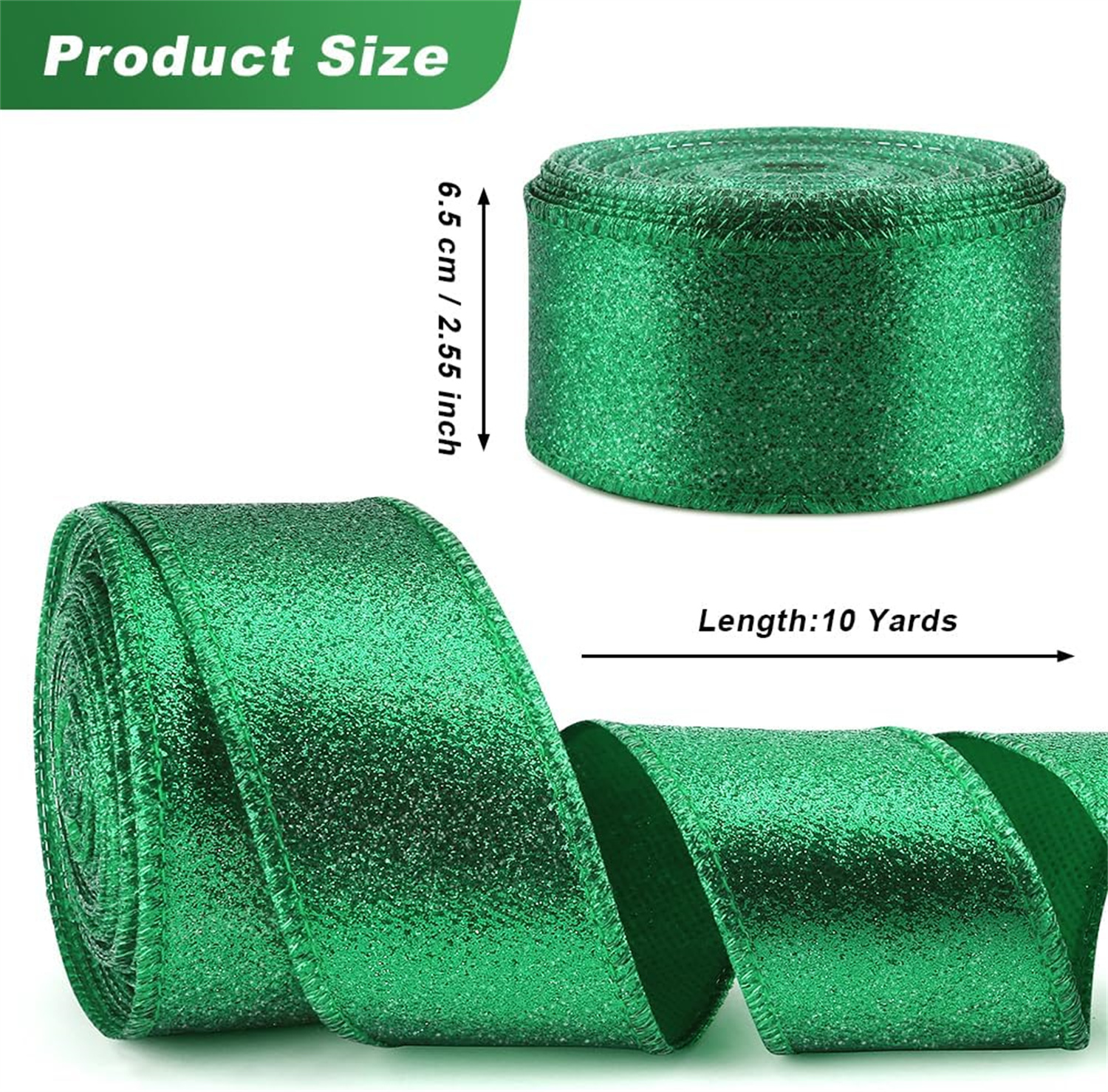 2 Rolls Christmas Ribbon,Bexikou Metallic Glitter Ribbons for Gift Wrapping,Green Wired Edge Ribbon for Christmas Tree Wreath DIY Crafts Home Party Holiday Decoration, 2.5" x20 Yards