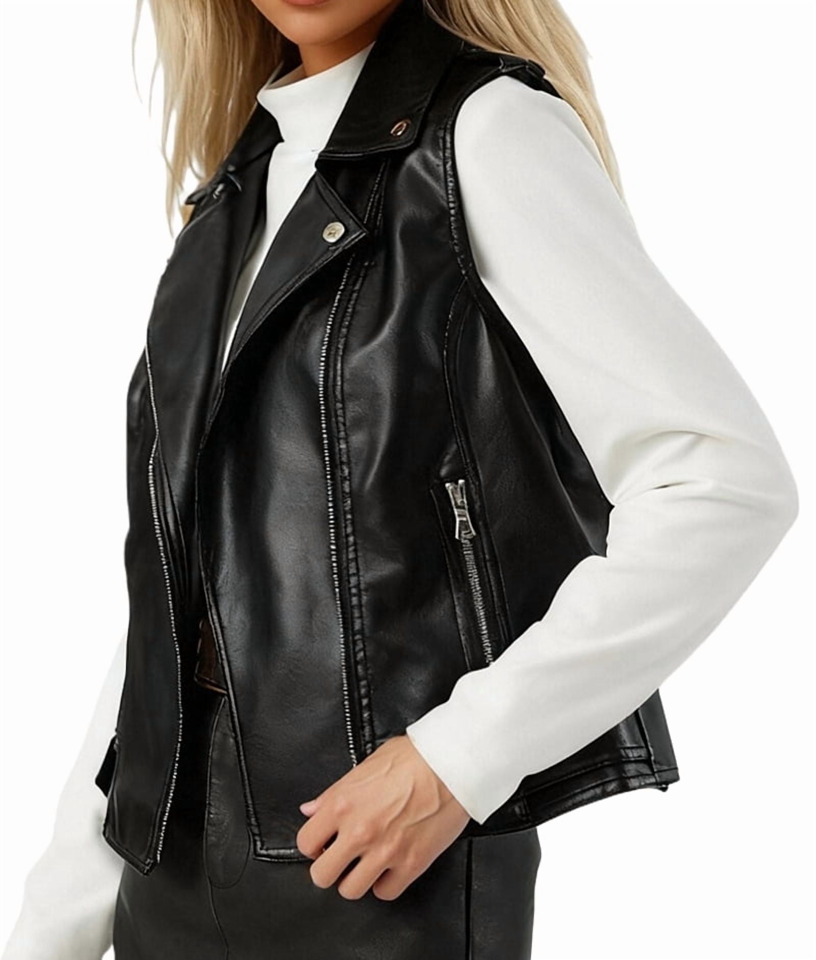 Faux Leather Vest for Women Lapel Sleeveless Moto Slim Fit PU Motorcycle Biker Waistcoat Black M