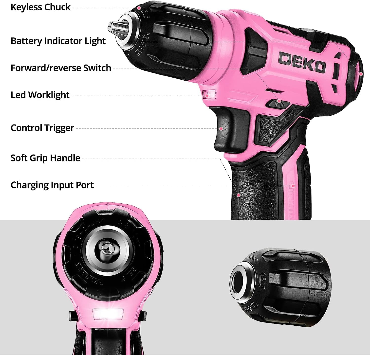 DEKOPRO 8V Pink Cordless Drill Set, 126-Piece Lightweight