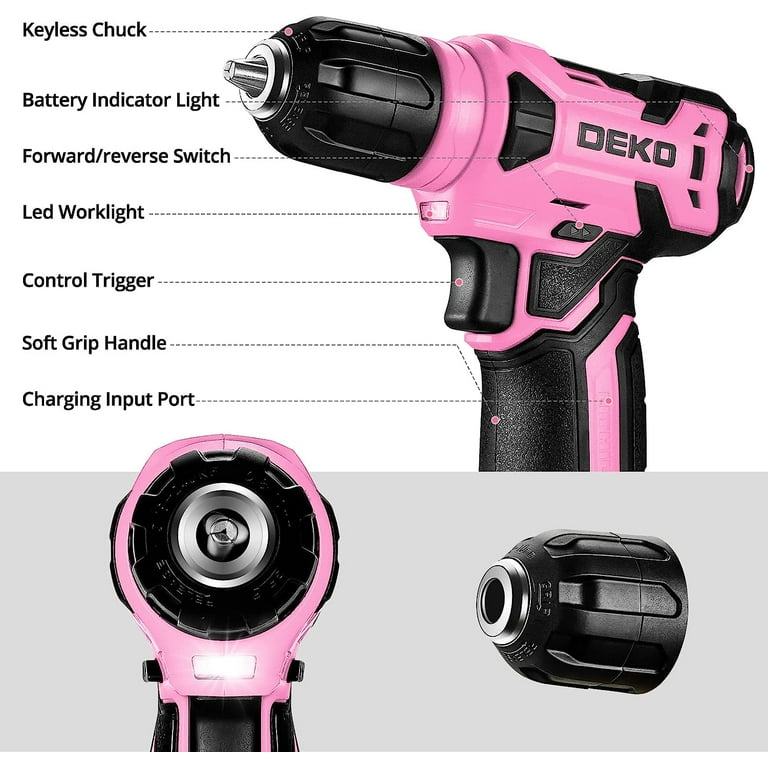 DEKOPRO 8V Pink Cordless Drill Set, 126-Piece Lightweight