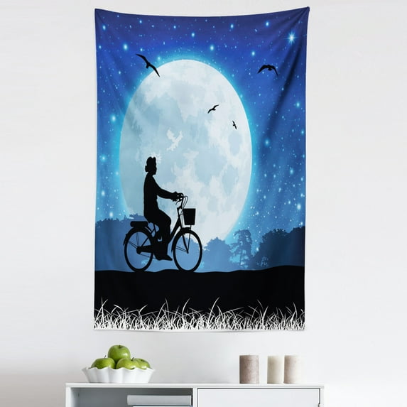 Moon Tapestry, Landscape Drawing Style with Silhouette of a Person Riding a Bicycle into Night, Fabric Wall Hanging Decor for Bedroom Living Room Dorm, 5 Sizes, Blue Black White, by Ambesonne
