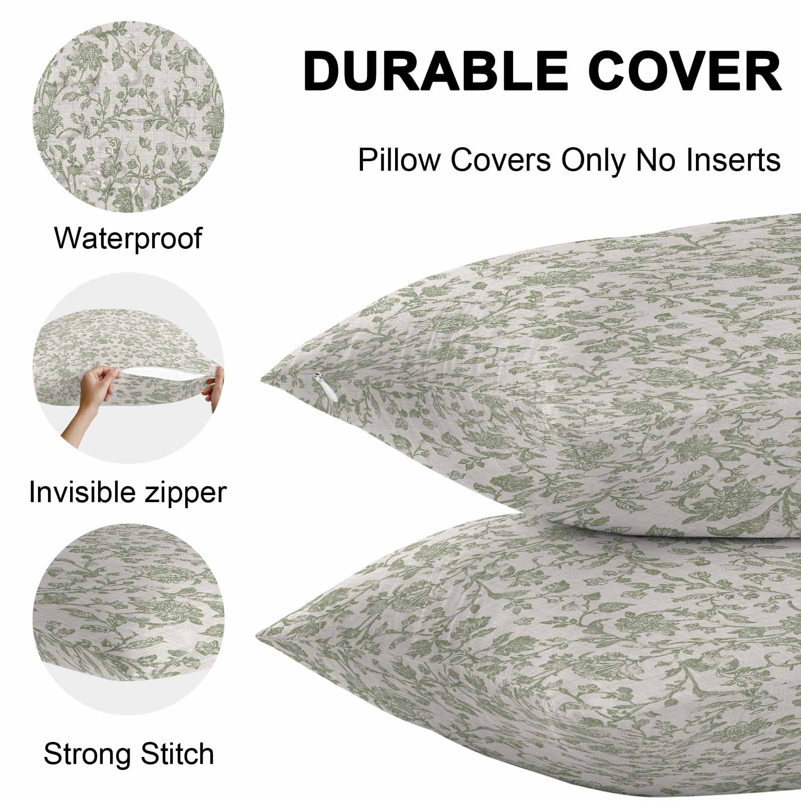 Waterproof Throw Pillow Covers Set of 2, 26x26 Inch Farmhouse Sage Green Decorative Pillowcases Outdoor Pillow Slip Cushion Covers Set for Couch Tent Vintage Flower Leaf Botanical