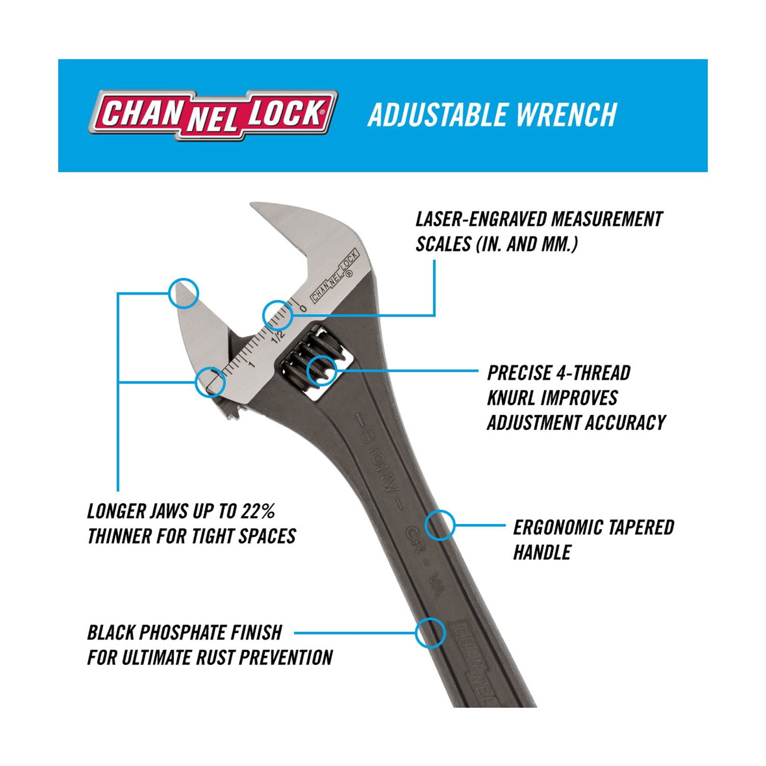 CHANNELLOCK Adjustable Wrench Set, Black Phosphate / Oxide Finish, Includes 6, 10-inch, 2 pieces (WS-2N)