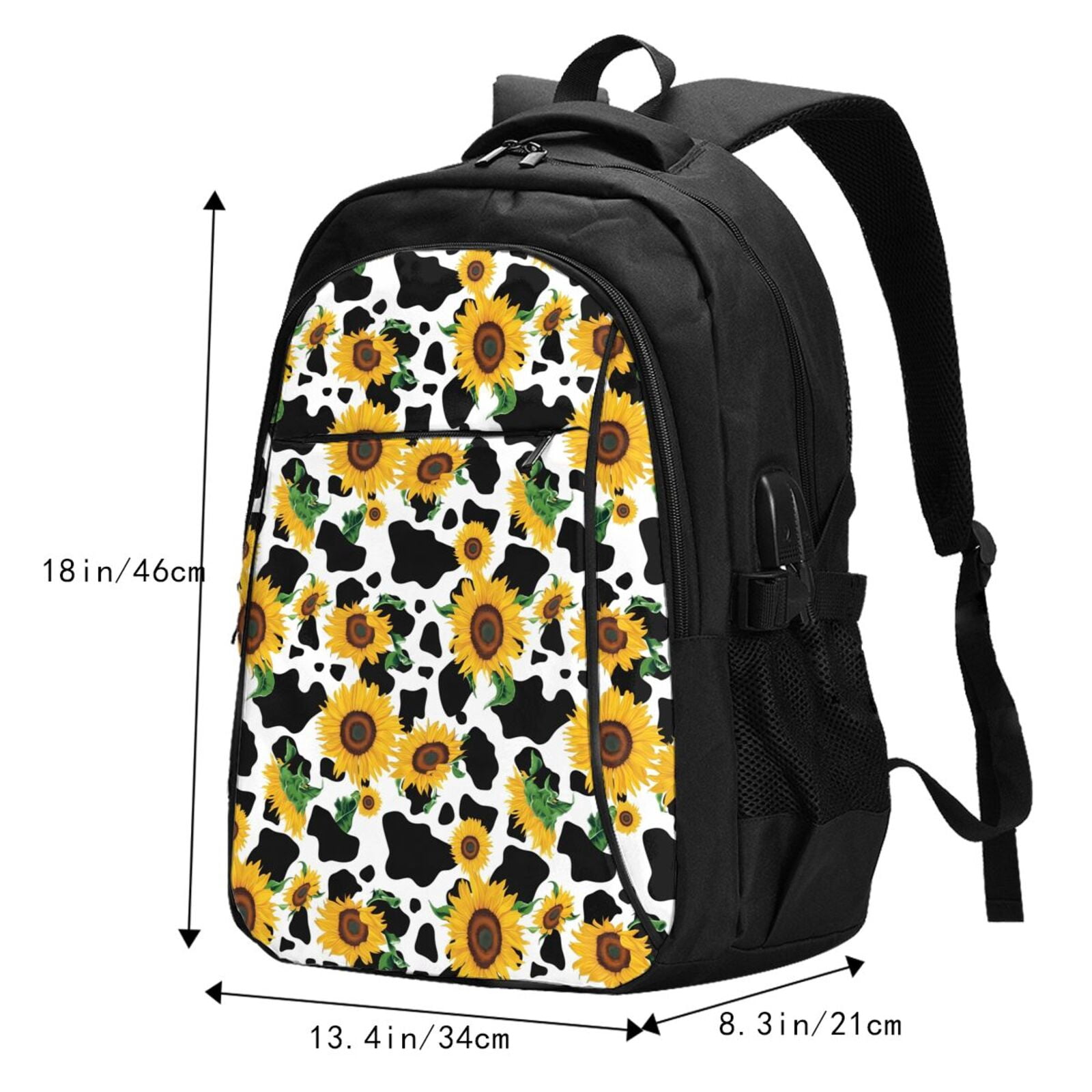 Vsdgher Cute Cow Print Sunflower D Print Travel Laptop Backpack, Laptops Backpack with USB Charging Port, Water Resistant Computer Bag Gift for Men & Women