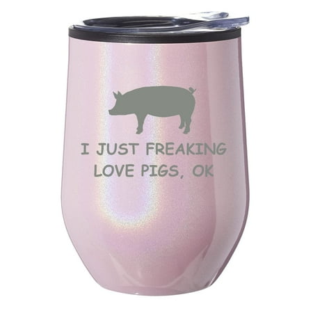 

Stemless Wine Tumbler Coffee Travel Mug Glass With Lid Gift I Just Freaking Love Pigs Funny (Pink Glitter)