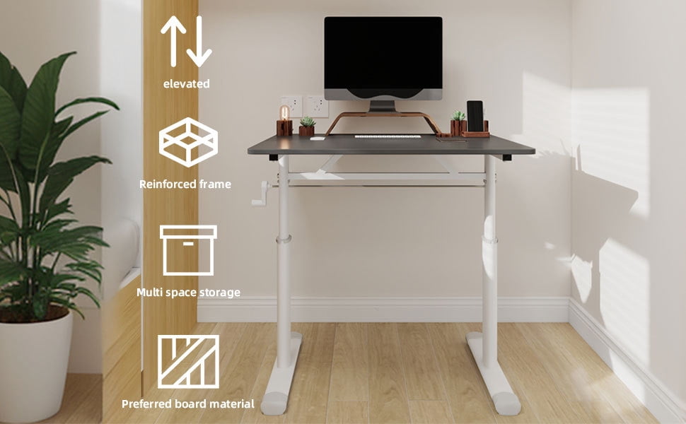Lisonu Adjustable Standing Desk, Manual Hand Crank Sit-Stand Workstation, 33x24 Inch Home Office Computer Desk, Ergonomic Study Table with Grey Wood Top and White Iron Frame