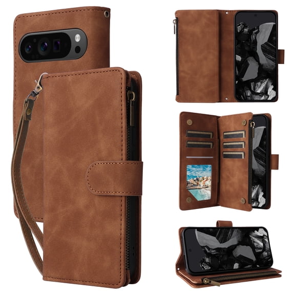 Allytech 2 in 1 Wallet Case for Google Pixel 10 /10 Pro, Luxury PU Leather Zipper Wallet Kickstand Cover with Card Slots & Lanyard & Photo Pocket, Magnetic Buttons Buckle Shockproof Case - Brown