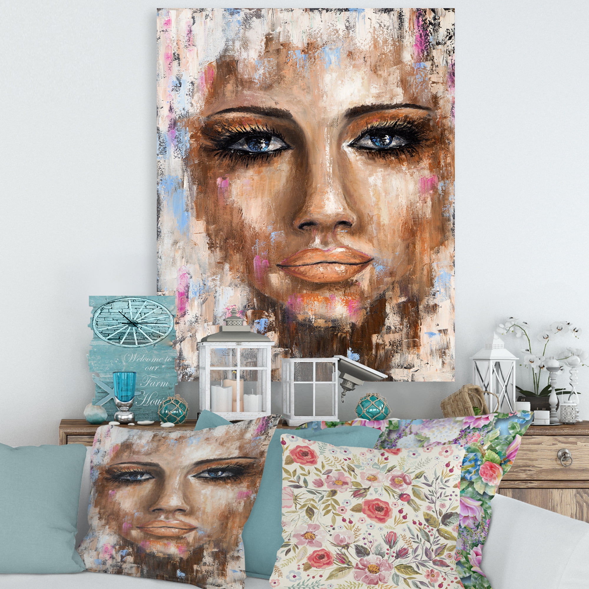 Designart ' Abstract Portrait Of A Young Woman With Blue Eyes I ' Modern Canvas Wall Art Print