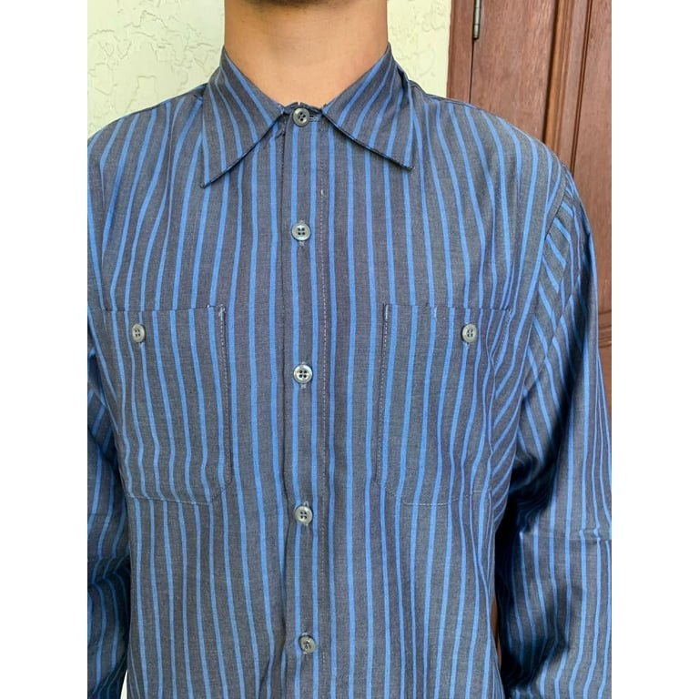 Men's Industrial Shirt, Charcoal with Blue Stripe Long Sleeve Work