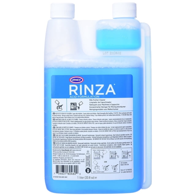 Limpiador de espuma de leche con fórmula ácida Urnex Rinza, 33.8 onzas